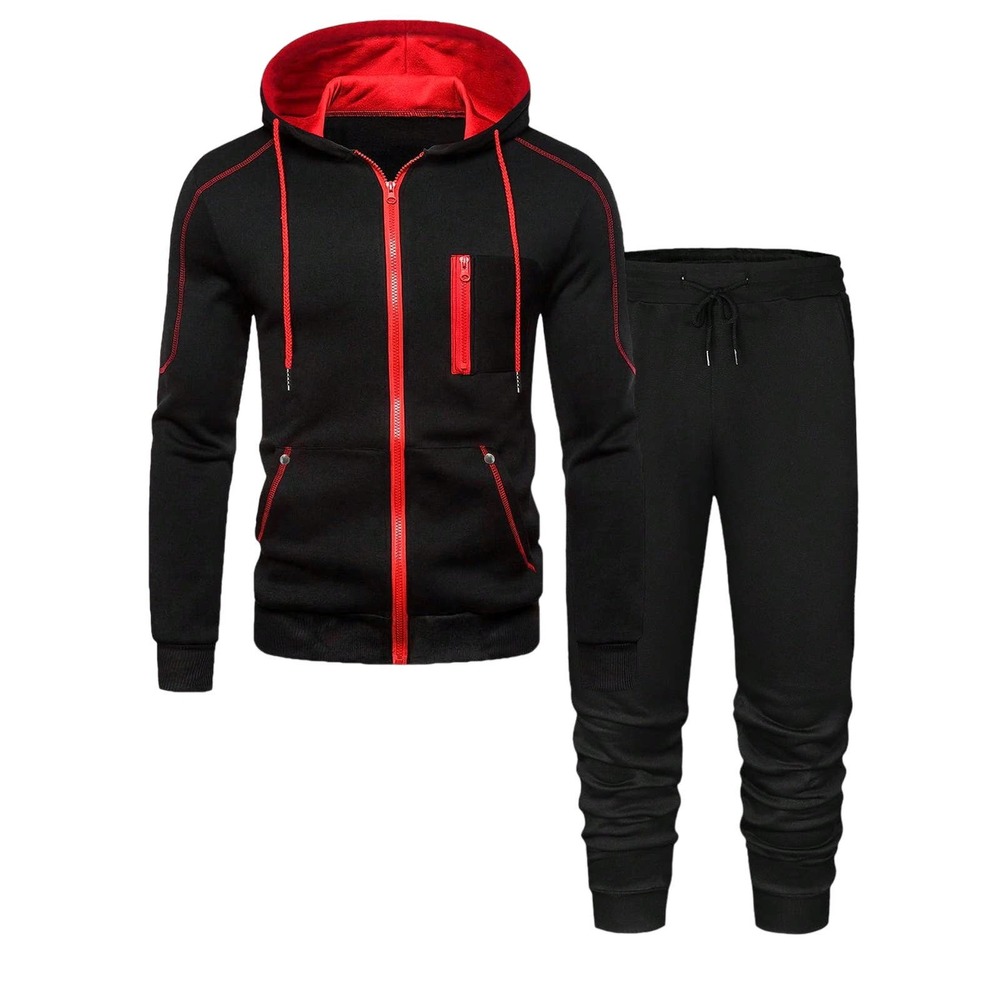 Men Contrast Piping Drawstring Hoodie & Sweatpants-BLACK-M